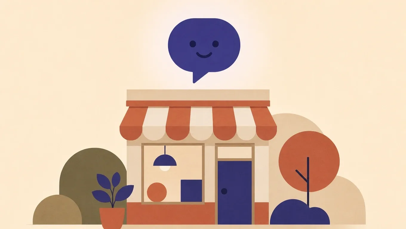 Una tienda pequeña con un globo de conversación sonriente flotando sobre el techo