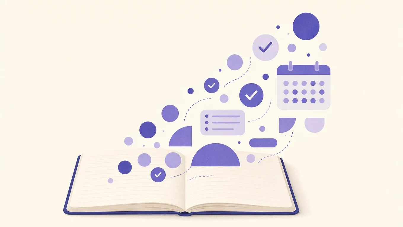 De un cuaderno abierto salen tareas ordenadas: listas, marcas de visto y un calendario
