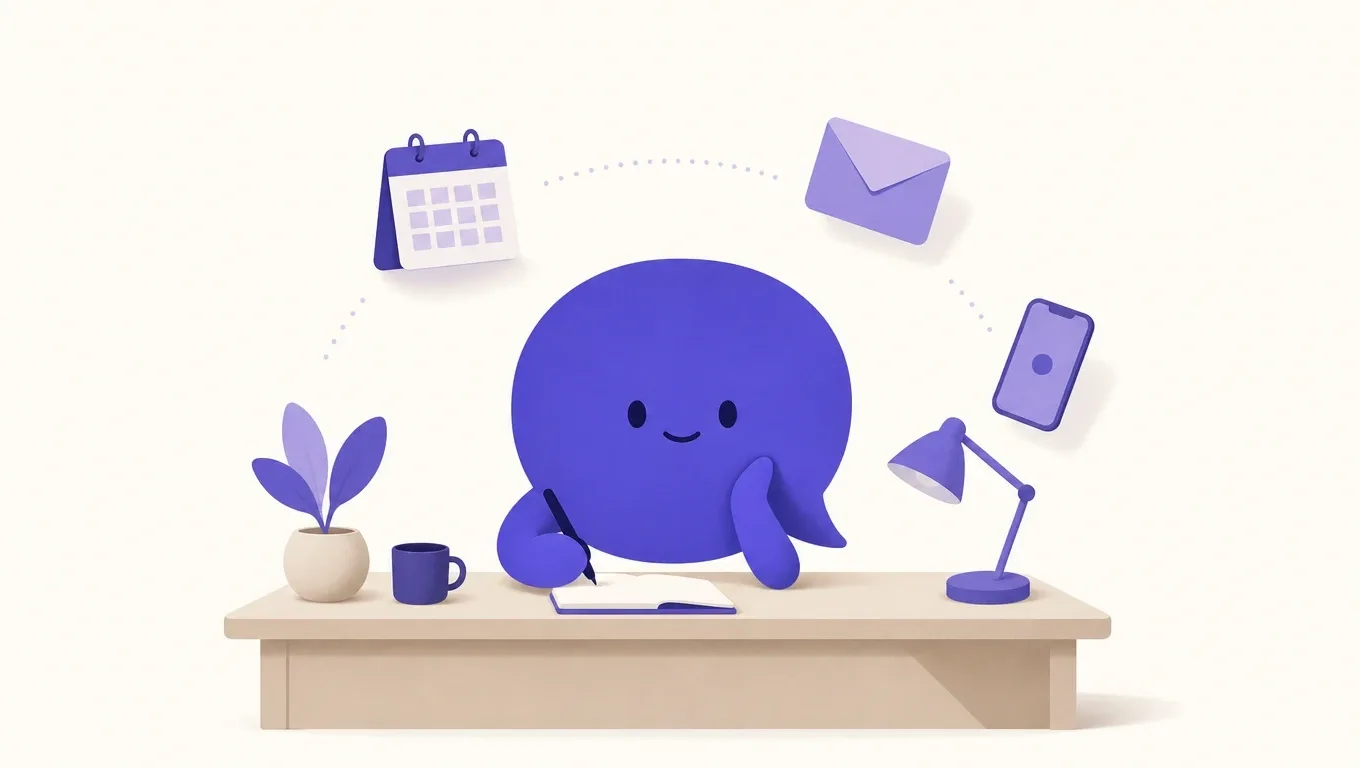 Un empleado digital con forma de globo de conversación trabaja en un escritorio entre un calendario, un correo y un teléfono
