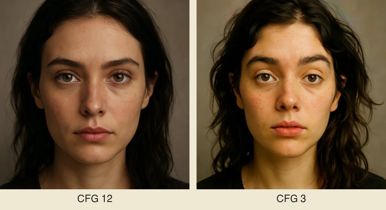 The same portrait at CFG 12 and CFG 3: lower guidance, more creative freedom for the model