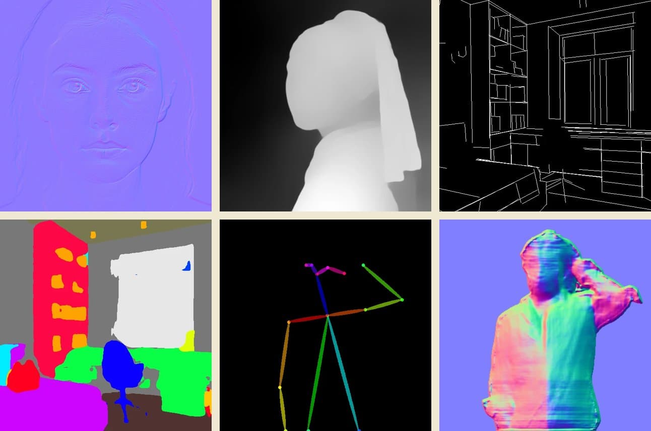 Six ControlNet control maps: depth, edges, human pose, segmentation, normals and perspective lines
