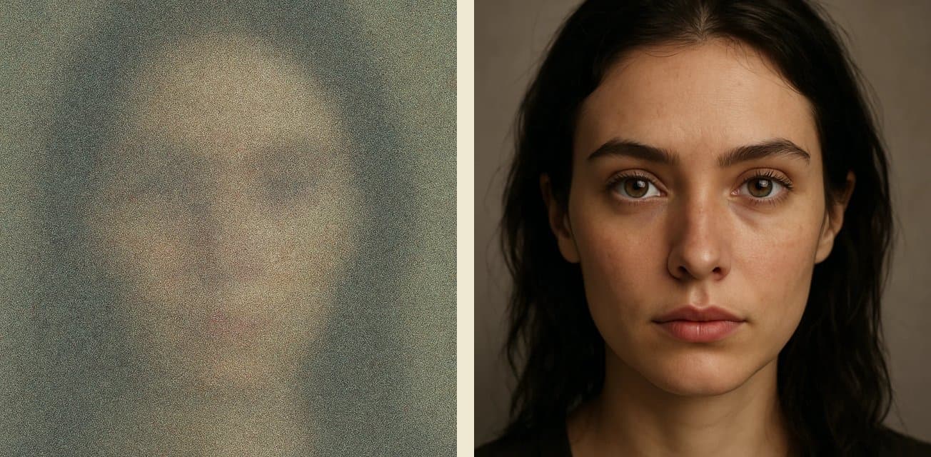 A portrait emerging from noise: a diffusion model's process, from static to a sharp image