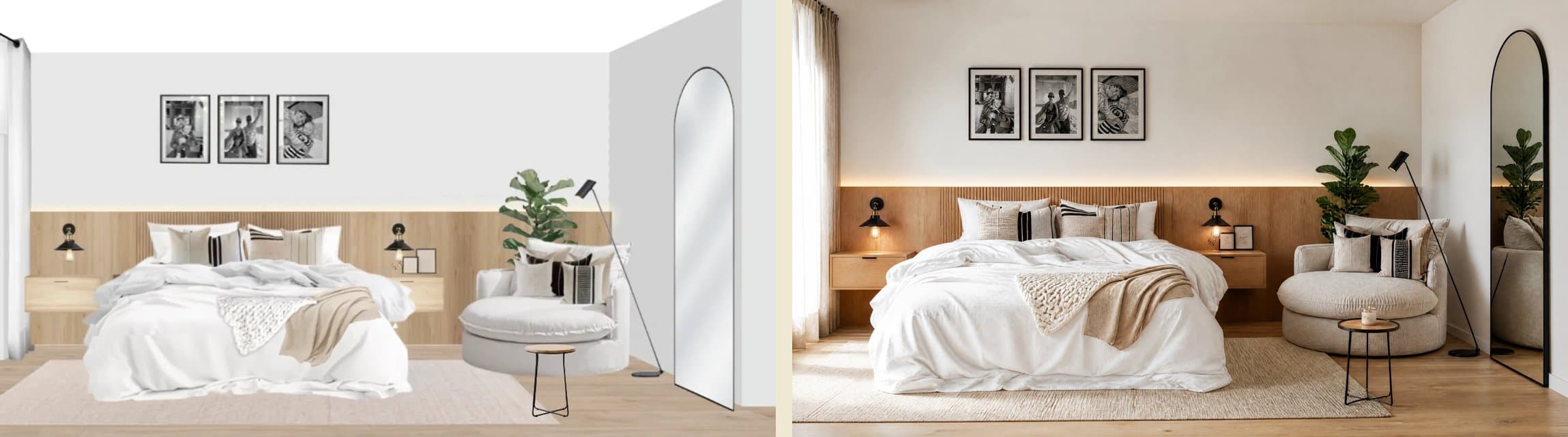 Comparison between a 2D photomontage of a bedroom and the realistic photo generated while preserving every product