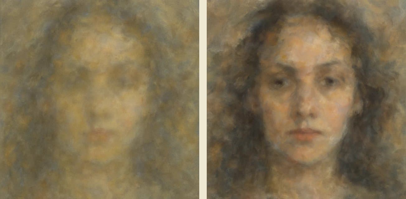 Evolution of a GAN-generated face: from a blurry image to an increasingly defined portrait
