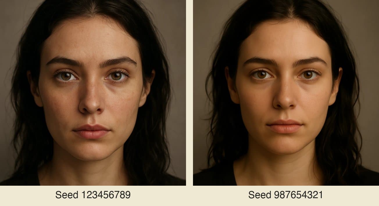 Two portraits generated with the same prompt but a different seed: same description, different person