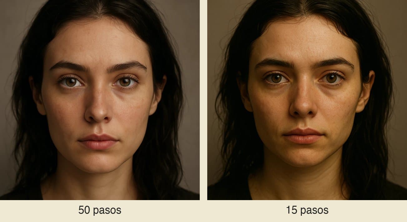 The same portrait with 50 and 15 refinement steps: fewer steps, less detail and definition