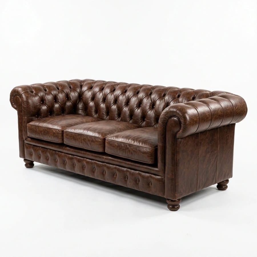 Brown leather tufted sofa generated from text on a white background