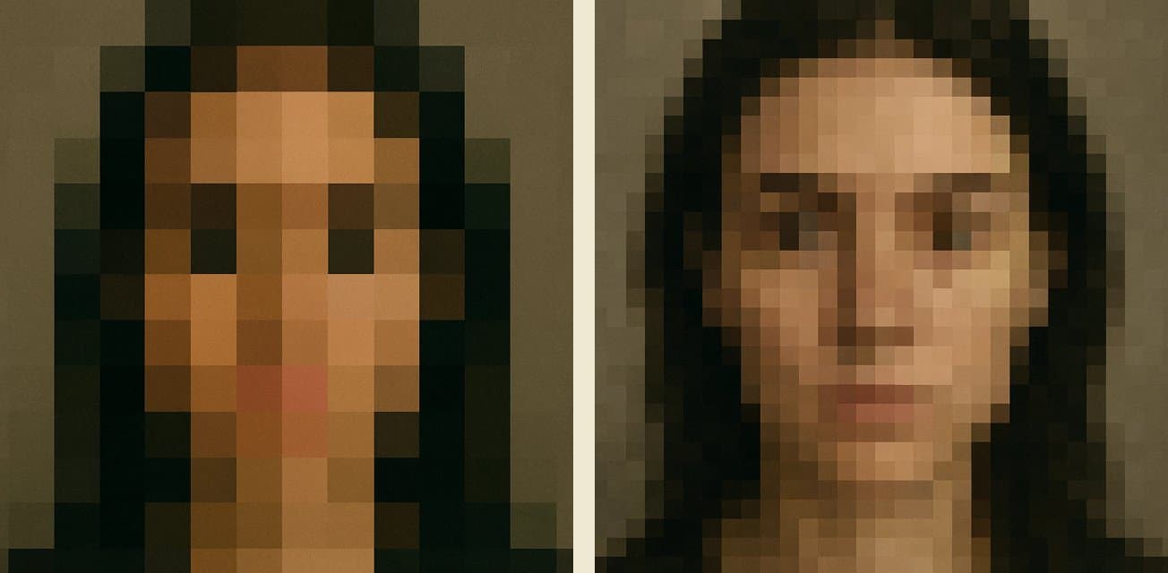 Face generated by patches: from coarse pixel blocks to the full image, like puzzle pieces
