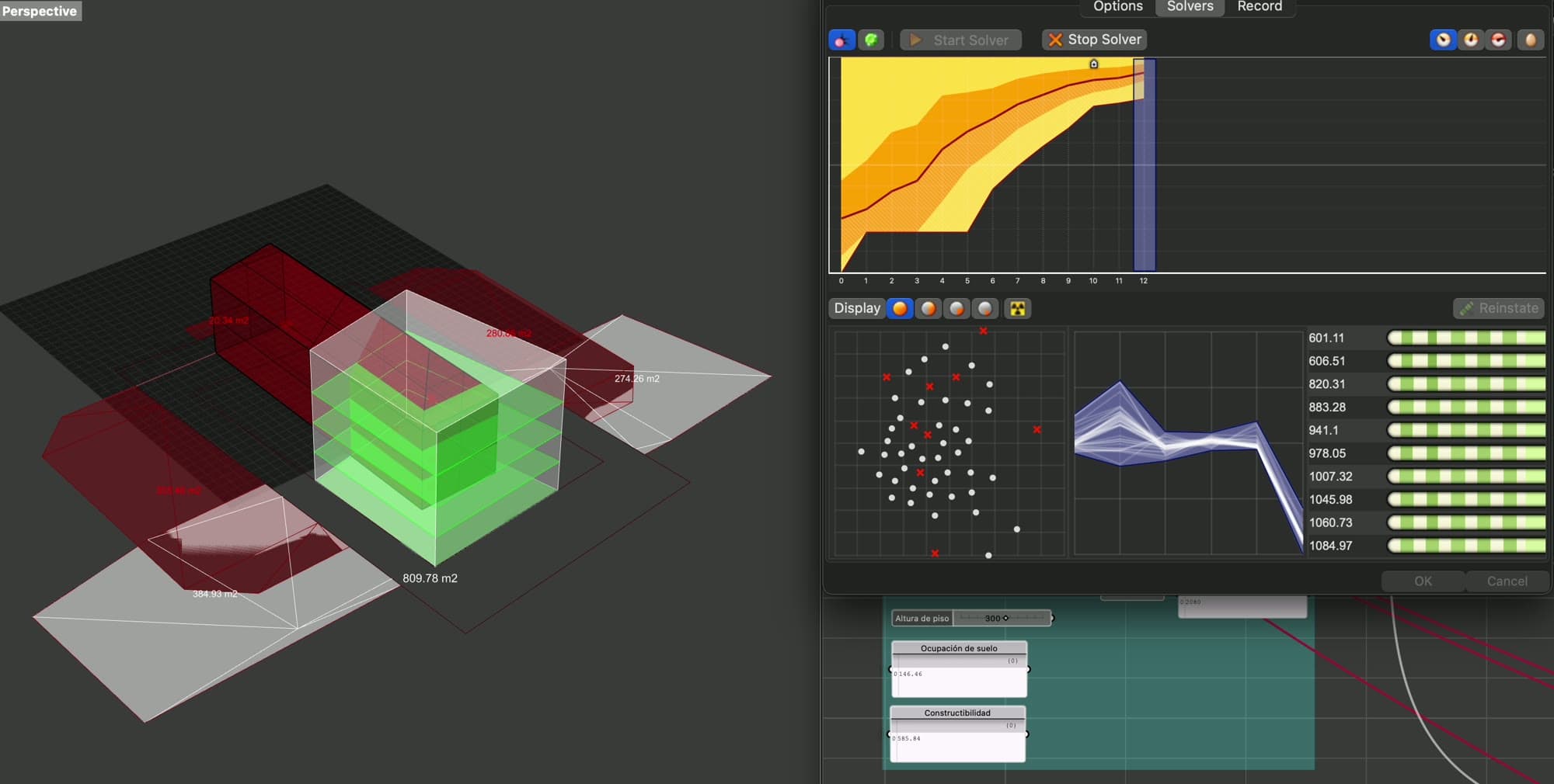 Estudio de cabida en Grasshopper: volumen verde válido entre sombras proyectadas, con el solver Galápagos convergiendo