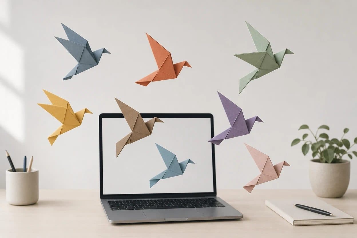 Ocho pájaros de origami de distintos colores volando desde un laptop abierto sobre un escritorio