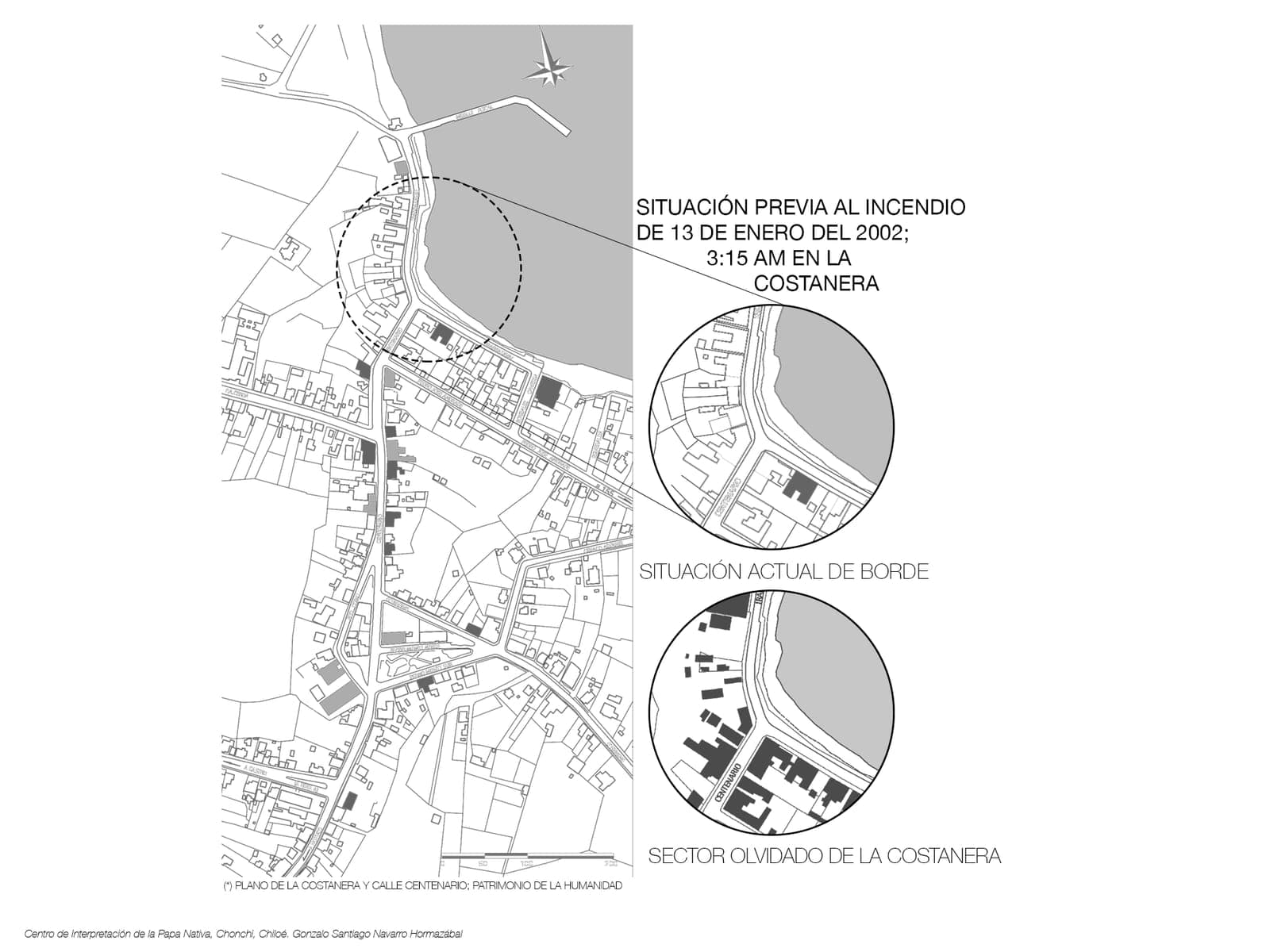Planos comparativos de la costanera de Chonchi antes y después del incendio del 13 de enero de 2002, mostrando el sector devastado