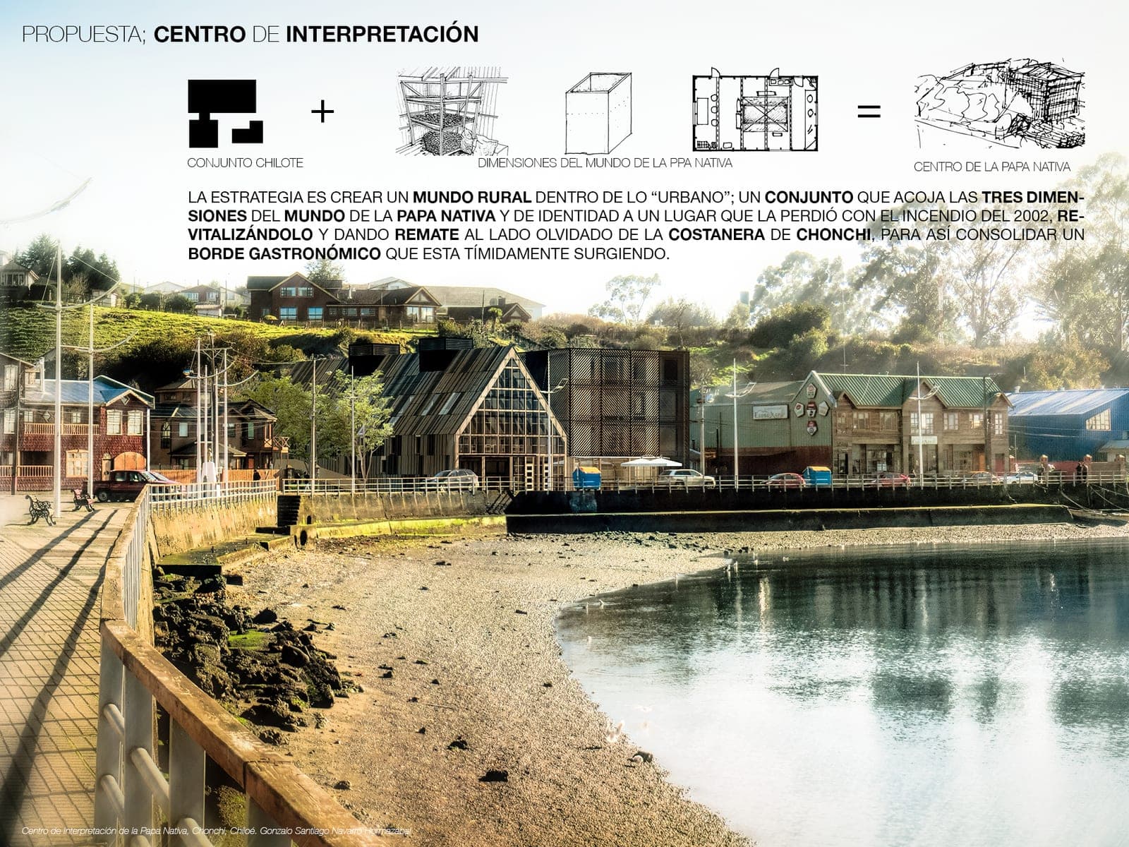 Fotomontaje del proyecto insertado en la costanera de Chonchi, con el esquema de las tres dimensiones del mundo de la papa
