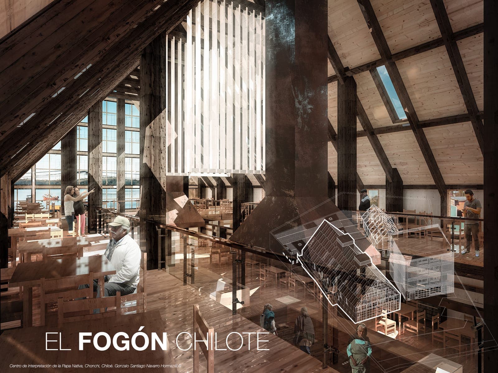 Interior del fogón visto desde el nivel alto, con la estructura de madera de la cubierta y la campana descendiendo al centro