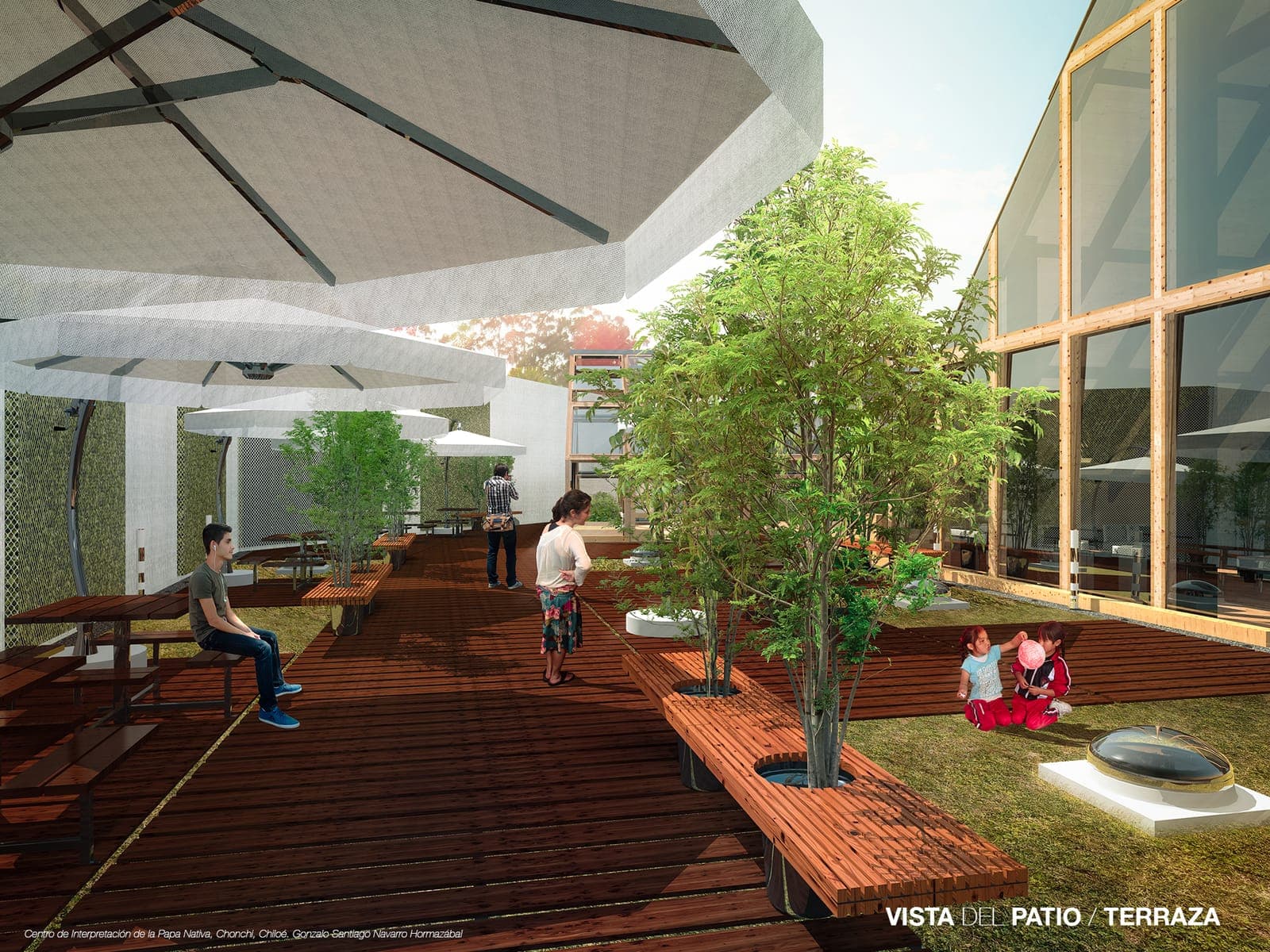 Otra vista del patio terraza con jardineras, bancas corridas y gente sentada