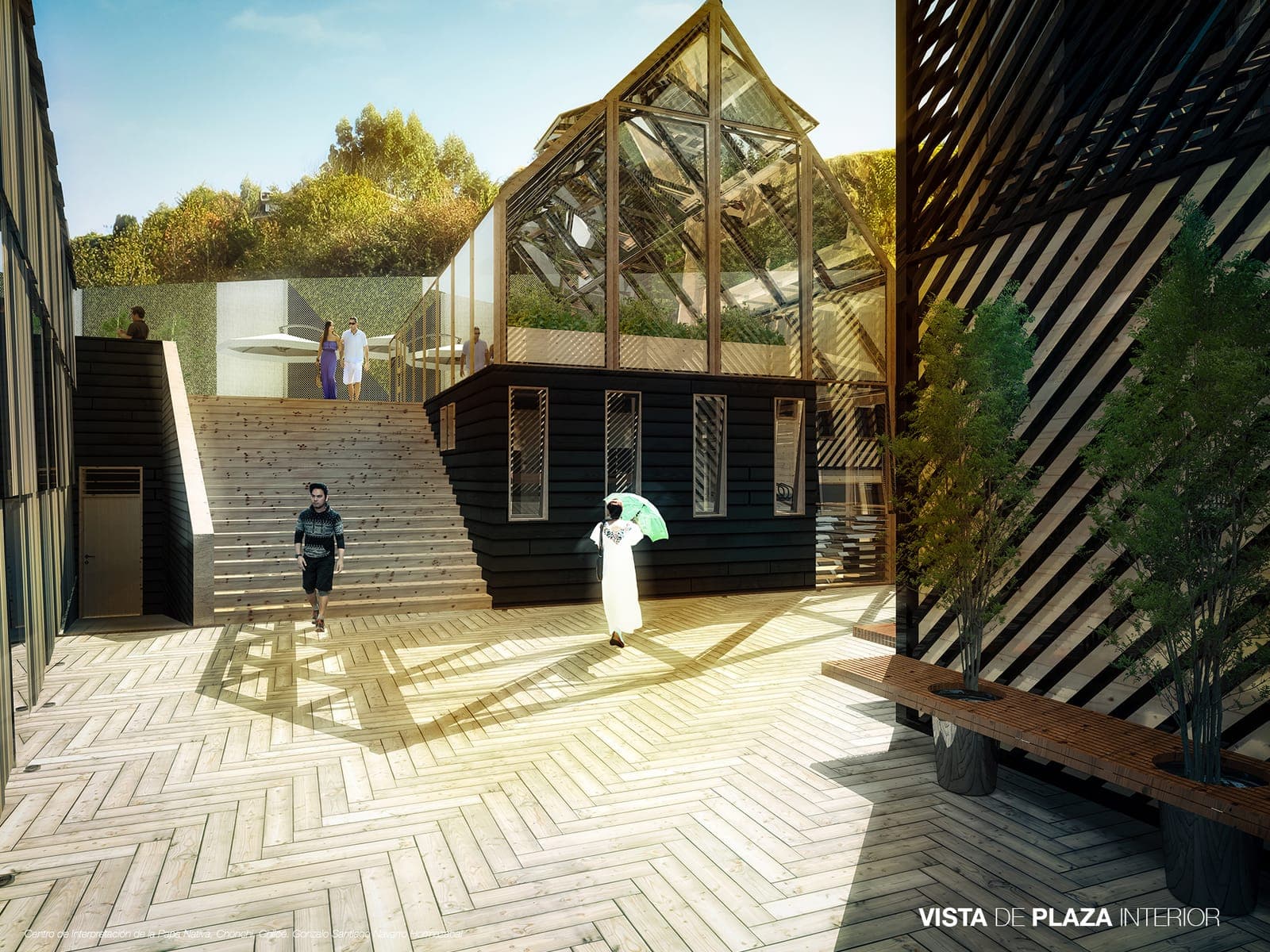 Plaza interior del conjunto con la escalera exterior y el volumen del fogón
