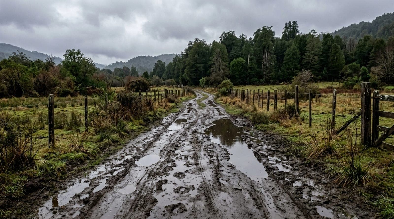 Rural dirt road with deep mud ruts and puddles after rain, between fences and native forest