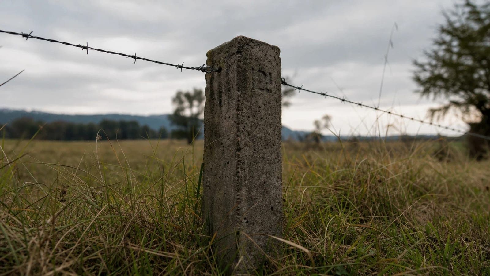 Concrete boundary marker at the corner of a rural site, with barbed wire running to both sides
