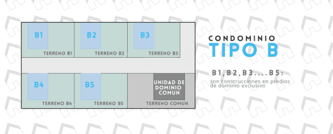 Type B condominium diagram: five units B1 to B5, each on its own exclusively owned site, plus common land