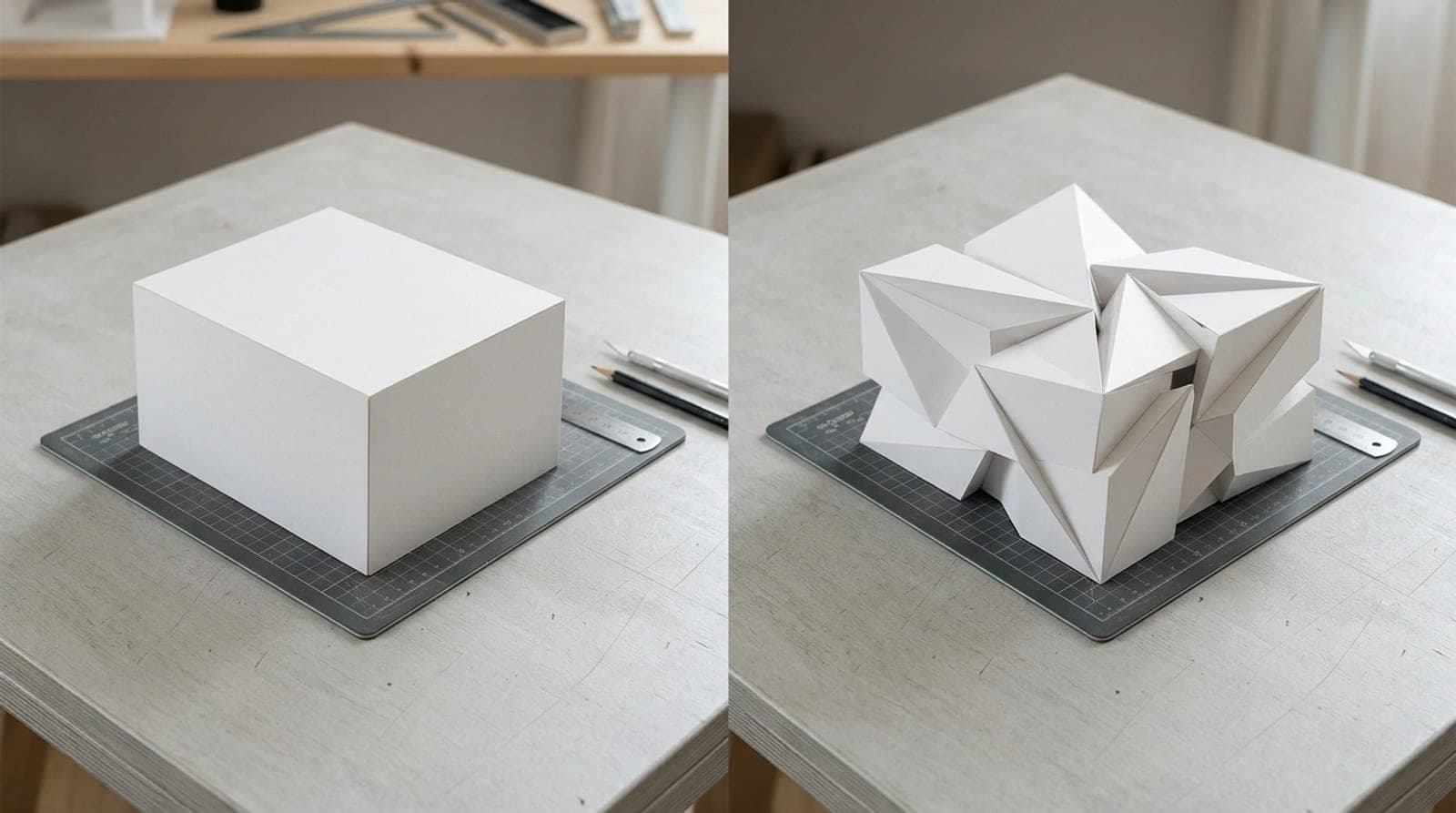 Dos volúmenes arquitectónicos comparados: uno rectangular simple y otro de geometría quebrada con muchos ángulos
