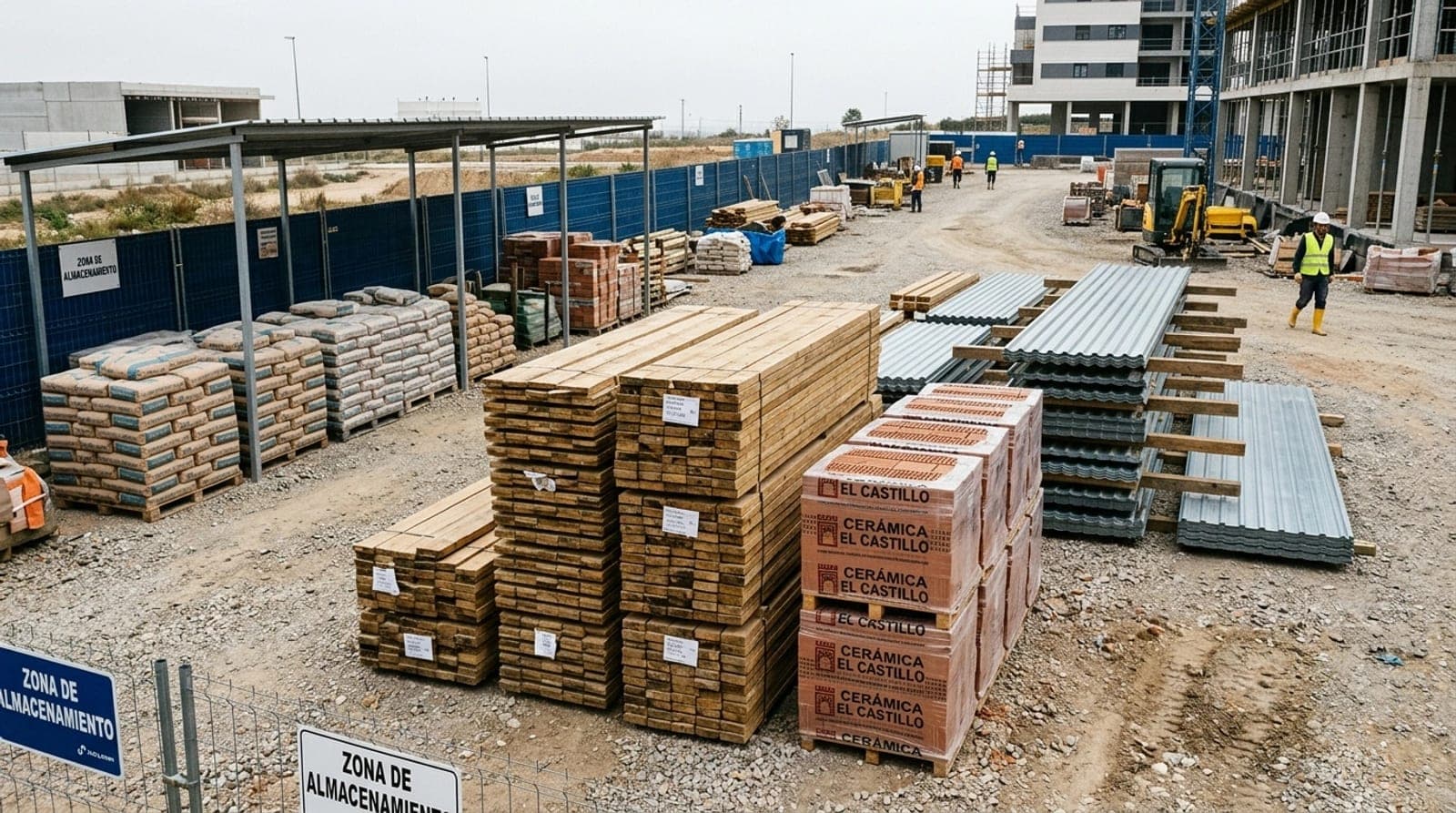 Materiales de construcción apilados en una obra: tablones de madera, sacos de cemento, ladrillos y planchas metálicas