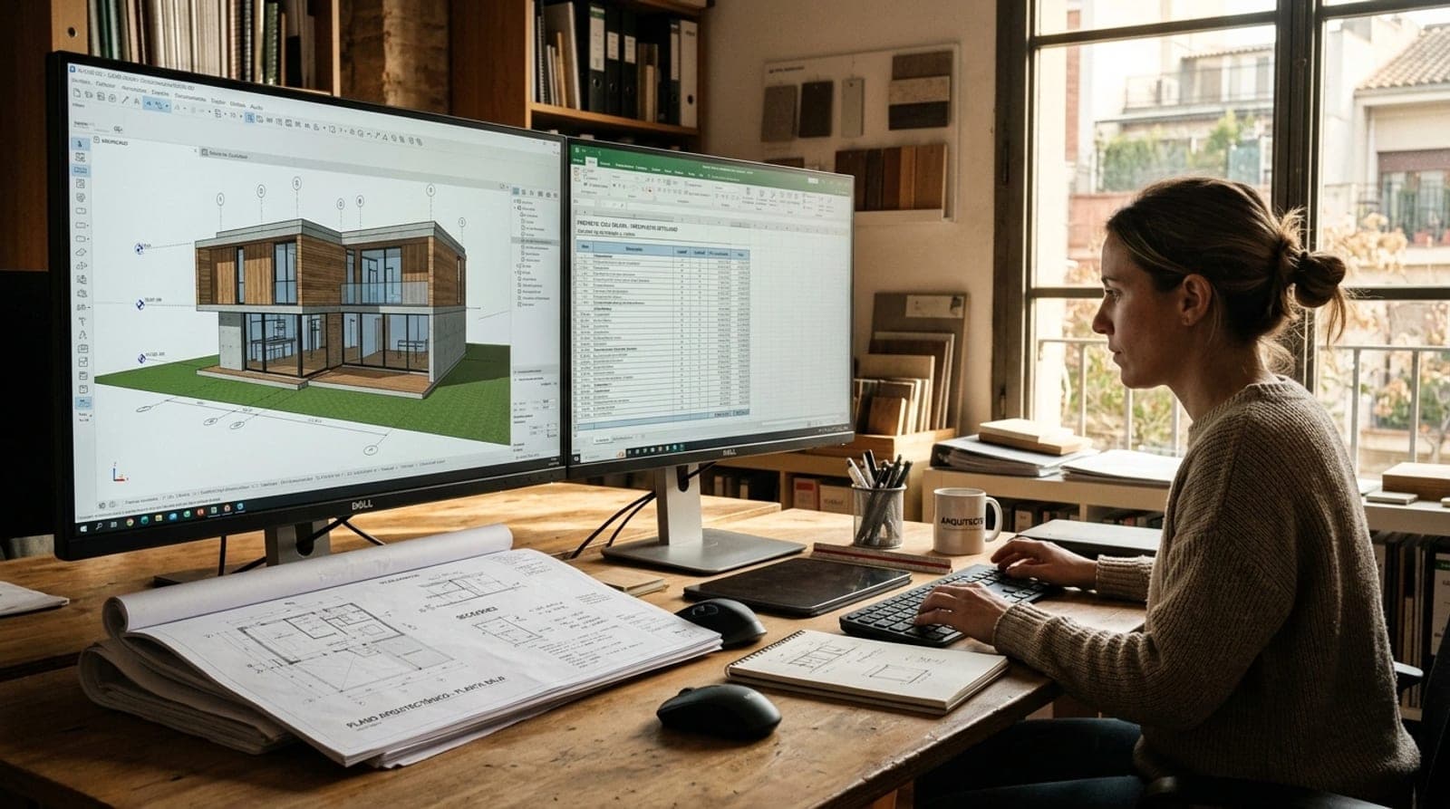Modelo tridimensional de una casa junto a una planilla de cantidades y costos en pantalla