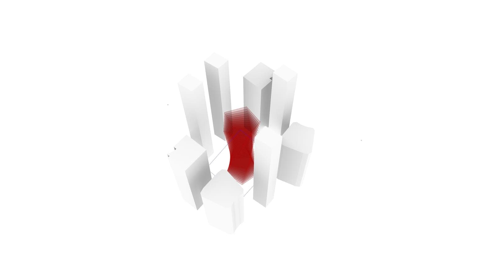 Volumen rojo entre edificios grises, con líneas de tensión que lo conectan a los puntos circundantes