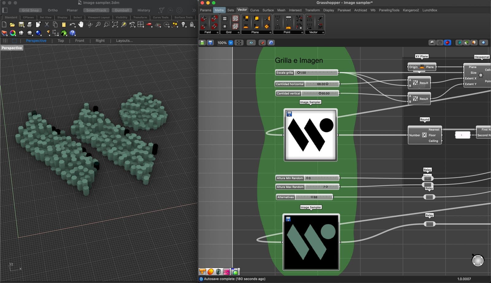 Pantalla de Rhino y Grasshopper: el logo de Winteri entra como imagen y sale como un relieve de hexágonos extruidos