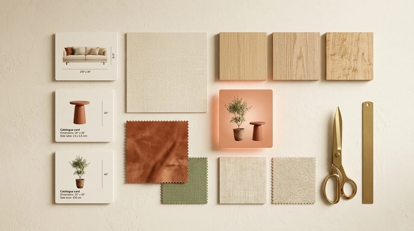 Tarjetas de productos y muestras de materiales sobre fondo crema, con una tarjeta destacada