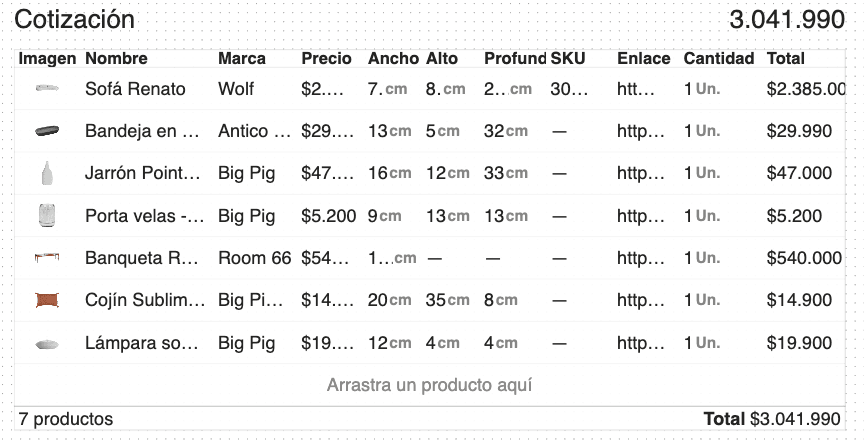 Tabla de cotización generada por Kou con productos, precios y total del proyecto