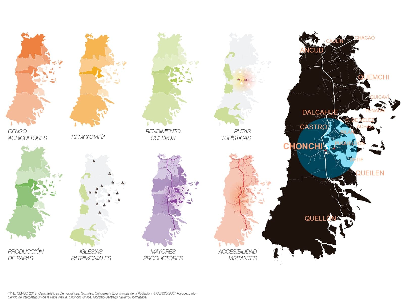 Serie de mapas temáticos del archipiélago comparando censo agrícola, producción de papas, rendimiento de cultivos, rutas turísticas y accesibilidad, con Chonchi destacado