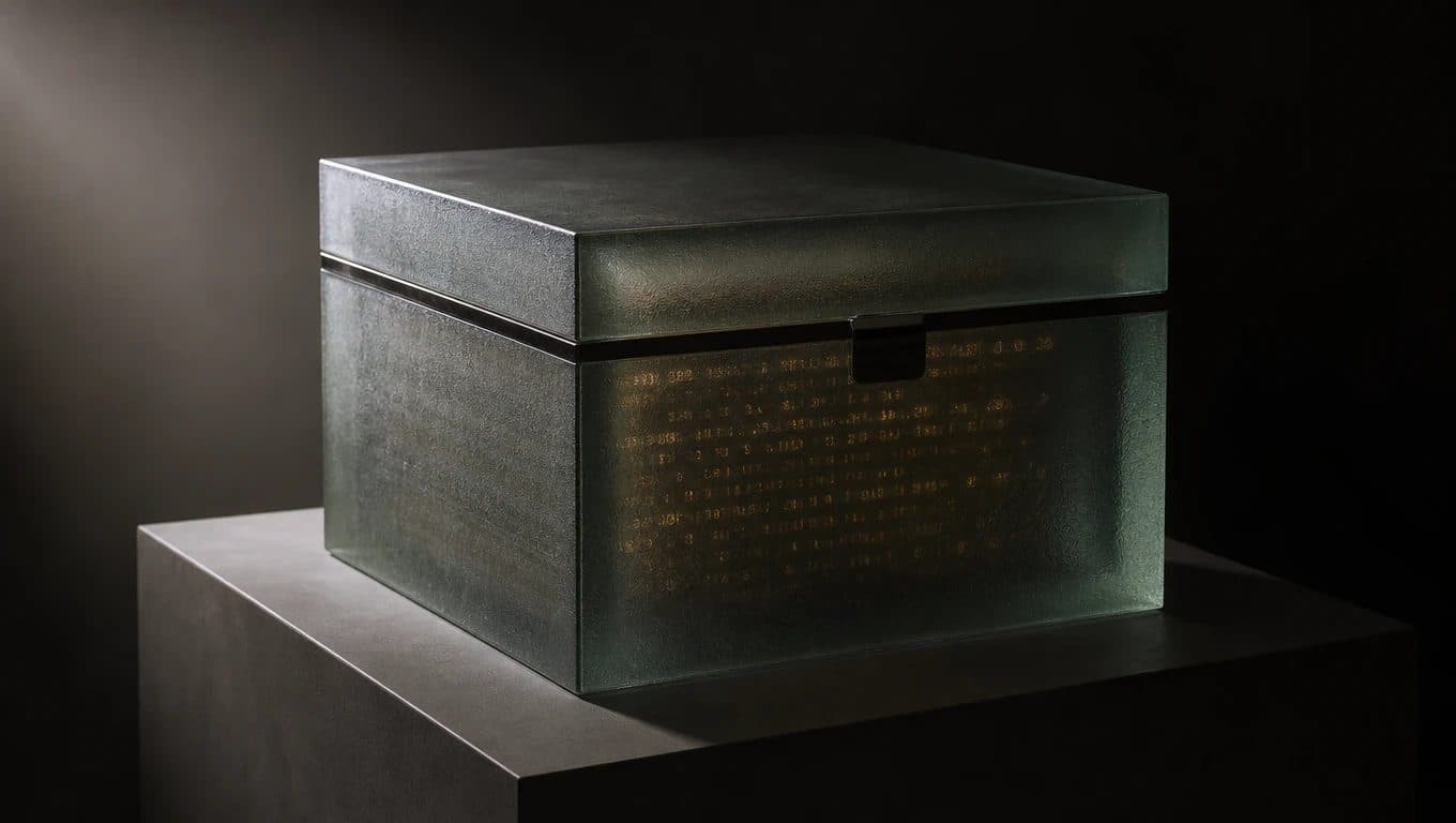 Caja de vidrio esmerilado cerrada sobre un pedestal de museo, con números tenues brillando adentro