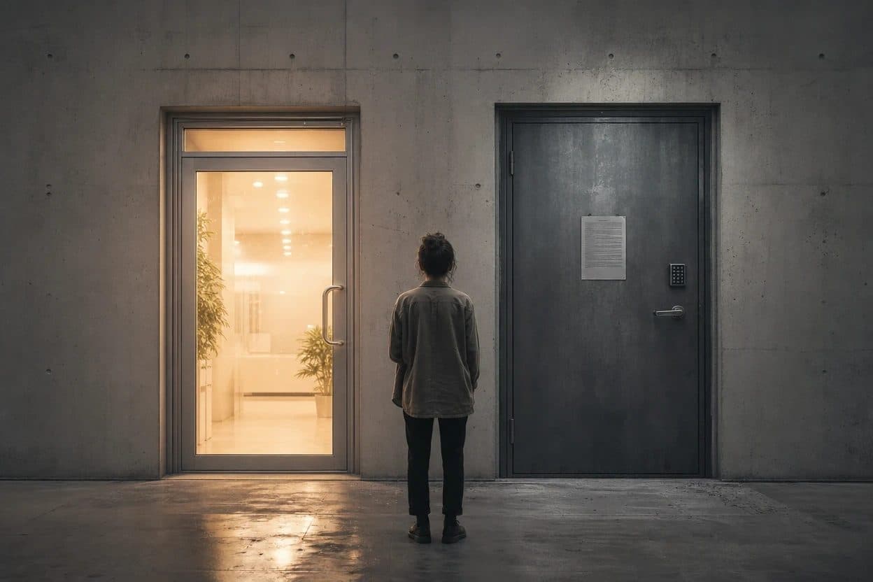 Una persona frente a dos puertas en un muro de hormigón: una vidriera luminosa abierta y una puerta de acero con teclado y un contrato pegado