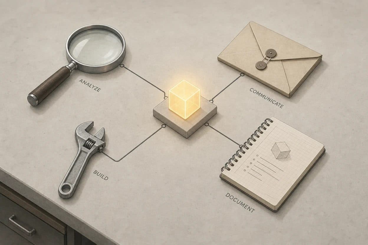 Ilustración isométrica: un cubo luminoso al centro de una mesa de trabajo conectado por líneas a una lupa, una llave, un sobre y un cuaderno